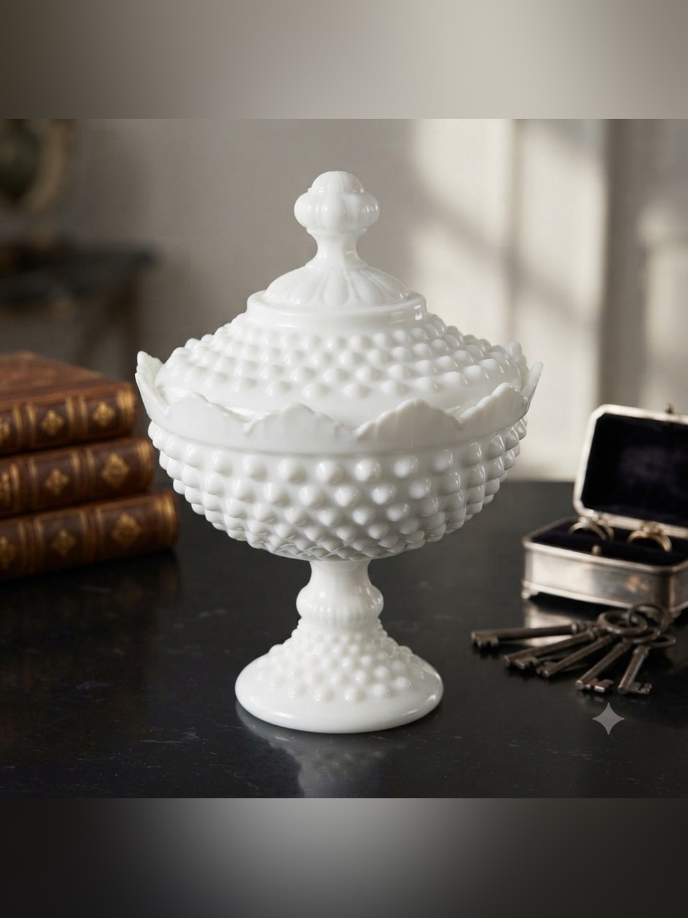 Vintage Fenton Hobnail Milk Glass Tall Footed Candy Box with Lid